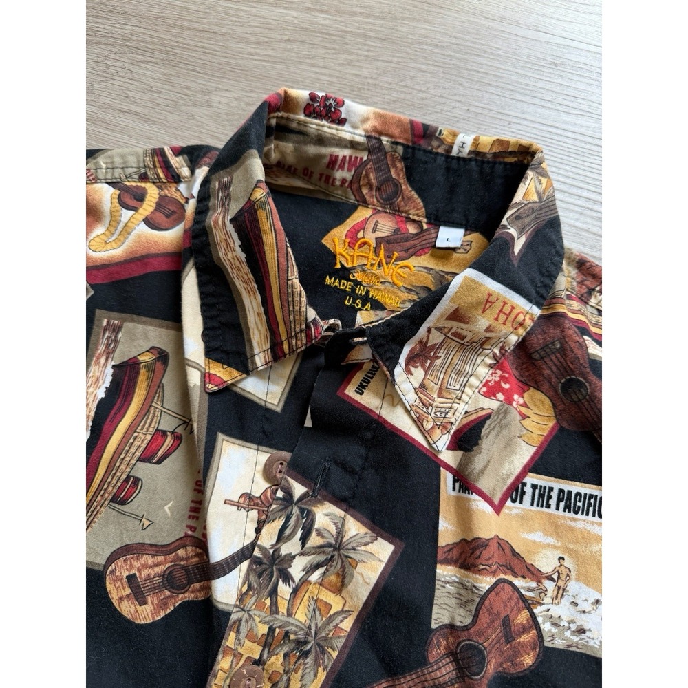 Kane Malia Ukulele Hawaiian Camp Shirt Mens Large Black Print Made in Hawaii L - Picture 3 of 7